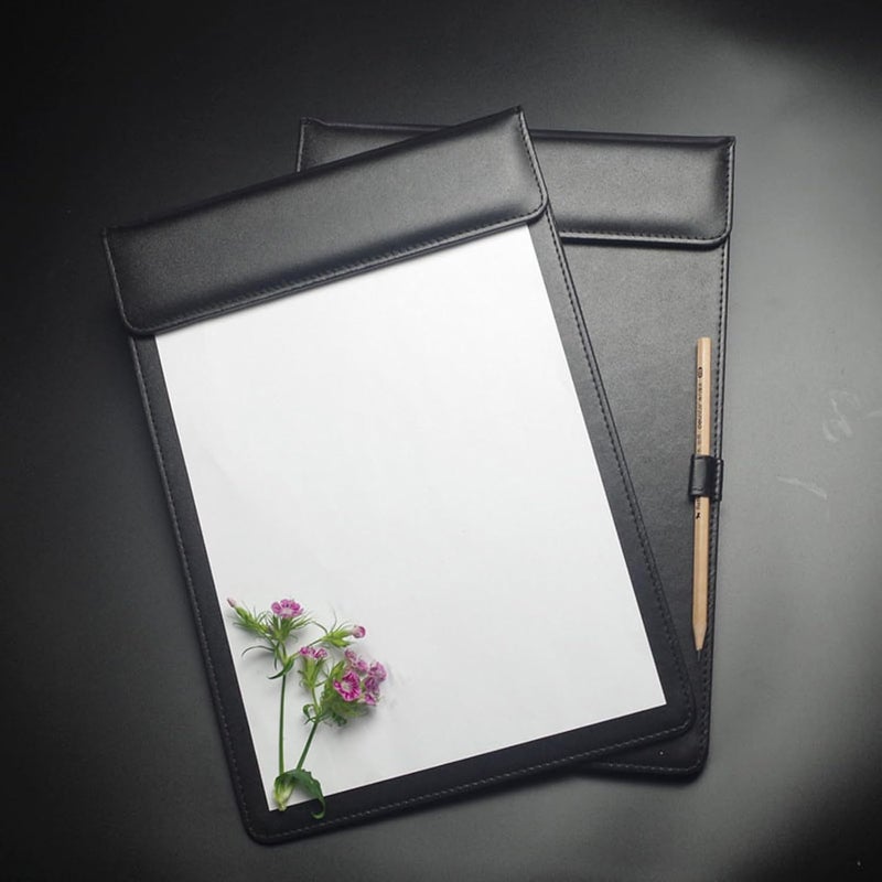 WELLYUK A4 Clipboard, 13" X 9" Office File Clip Folder Document Organizer Writing Pad Business Card Holder, Magnetic Conference Pad with Pen Holder PU Leather Black - Image 3
